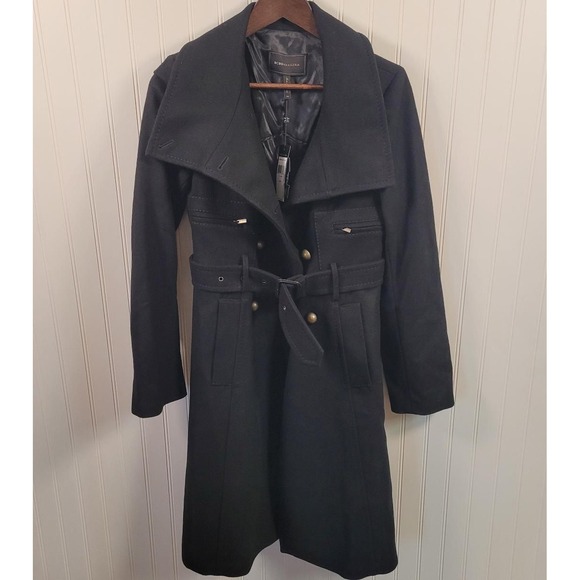 BCBG MaxAzria Black Wool Blend Trench Coat XS – Belted Military Long Jacket NWT - Picture 1 of 10